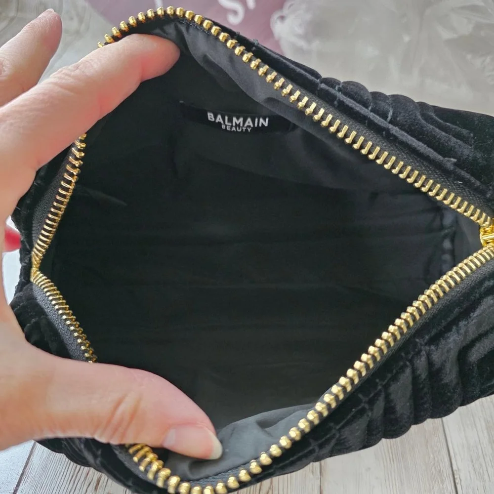 Women's Balmain Black Velvet Gold Logo Cosmetic Bag NWOT